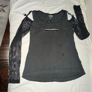 Tripp NYC Black Top with Mesh Sleeves & Front Zipper Design